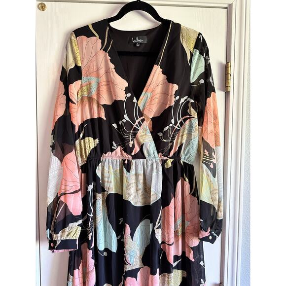 Lulu’s Wondrous Water Lilies Dress Long Sleeved Chiffon w/ Slit size Large - Picture 3 of 6